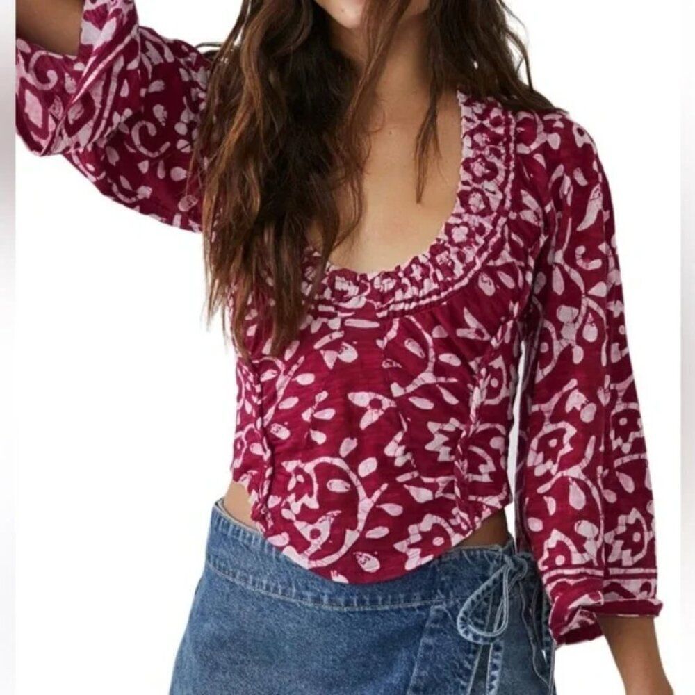 Free People On the Block Bell Sleeve Boho Patterned Top Berry Combo Medium